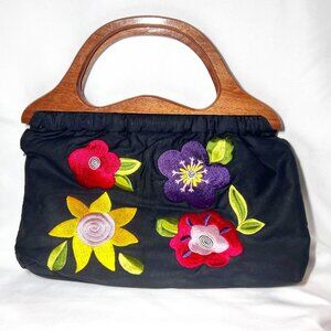 Prezzo Hand Bag-Wood Handles-Black Canvas/Multi Colors-Floral Embroidered-Unique